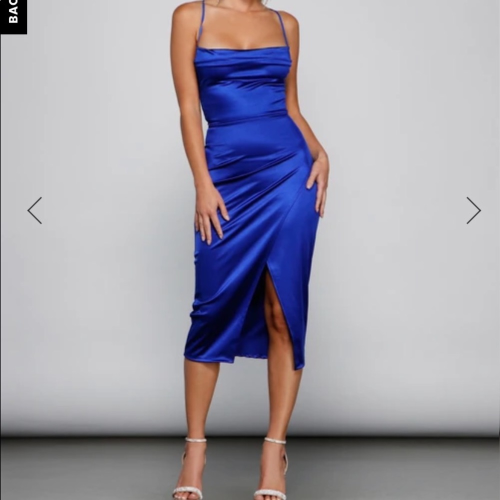 Silky blue cocktail dress.